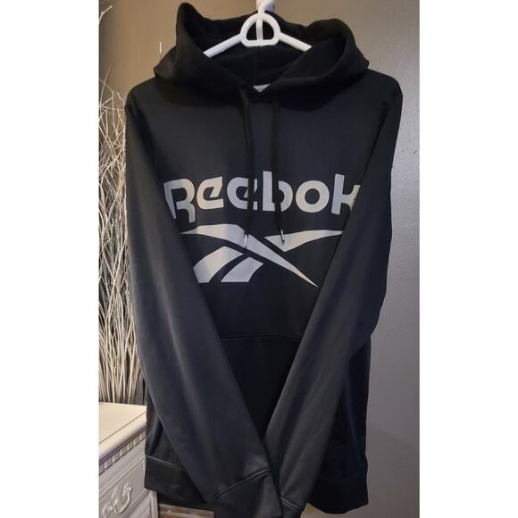Reebok Hoodie Men Size M Black Spell Out Logo Pocket Polyester Pullover - Picture 1 of 5